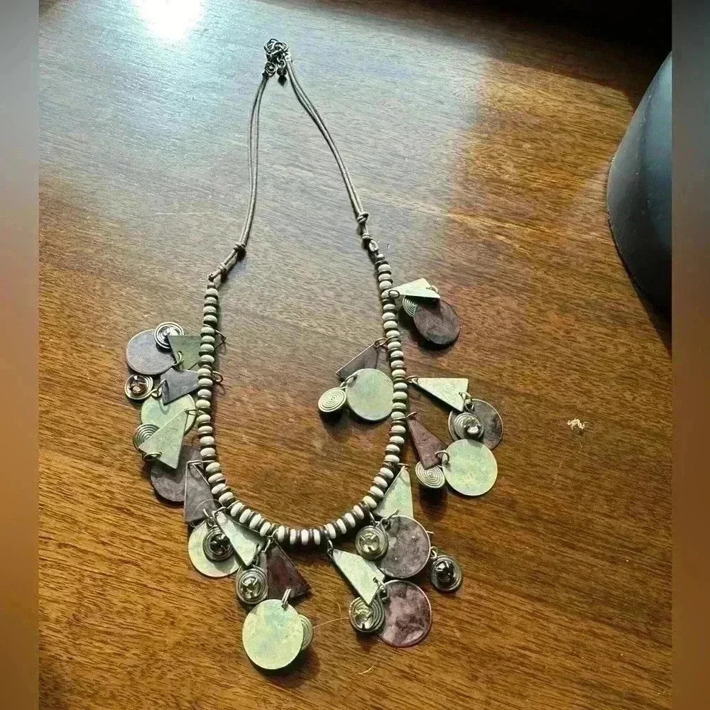 Vintage Leather, Metal and stone Necklace 22”
